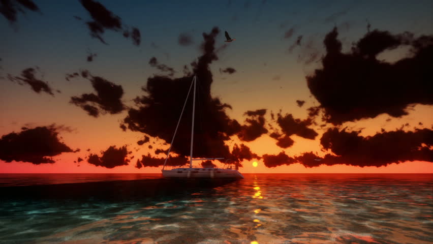 Yacht at Sunset with Time Lapse Clouds