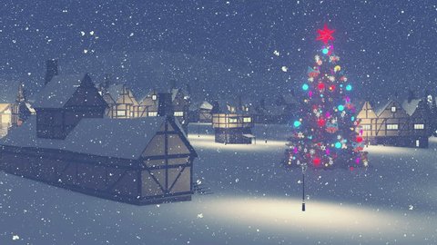Christmas tree decorated with luminous baubles and red star on the small cozy township square at snowfall night. Decorative 3D animation.