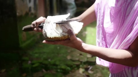 young Indian Girl Cutting Jackfruit