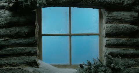 Log Cabin Frosted / Snowy Window chroma key, alpha matte blue background. Dolly all the way into the center of the window, digitally place any interior and add snow if desired