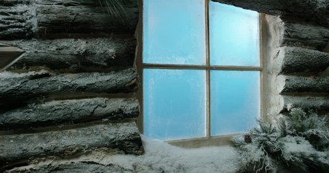 Perfect Dolly into Window Pane (snow, frosted window) Bottom left window frame alpha matte blue, chroma key