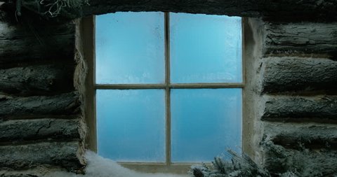 Log Cabin Frosted / Snowy Window chroma key, alpha matte blue background. Dolly staying wide (closeup in other clip) into the center of the window, digitally place any interior and add snow if desired
