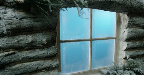 Top Left window pane dolly in Frosted Window Dolly OFFSET ANGLE - Log Cabin window alpha matte blue screen, chroma key into center window frame with foreground element of tree
