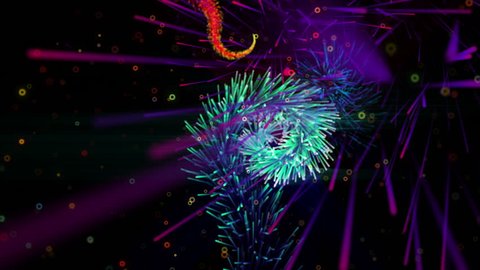 Holiday tinsel flight seamless motion graphics visual of colorful growing spiral particles in the space for music videos, presentation, broadcast TV, openers, VJ, fashion, show, event, night clubs.