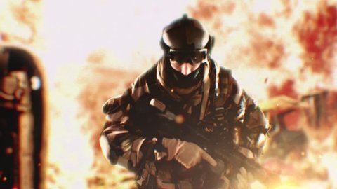 Running soldier in epic slow motion action scene. World in fire. Closeup.