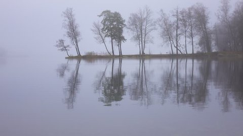 Autumn landscape, gloomy misty forest lake.