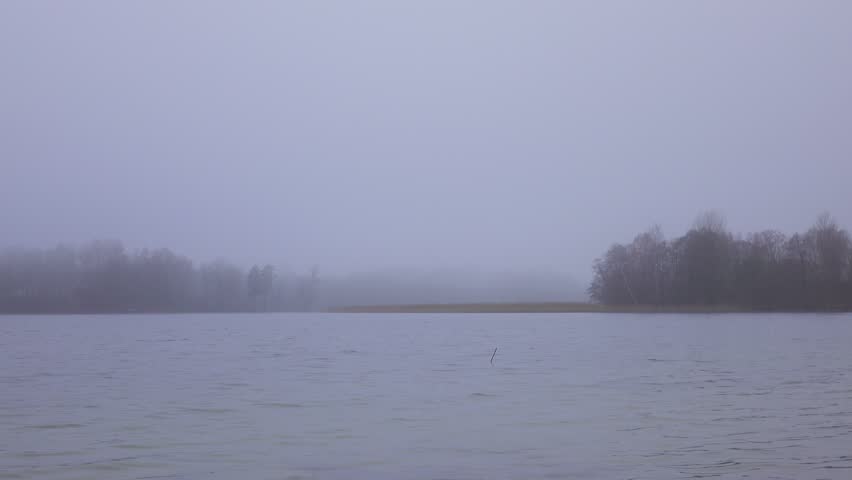 Autumn landscape, gloomy misty forest lake, panning.