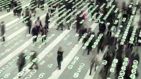 Living in a data matrix city.
People walking in a city square composited with a grid of glowing, electronic numbers.