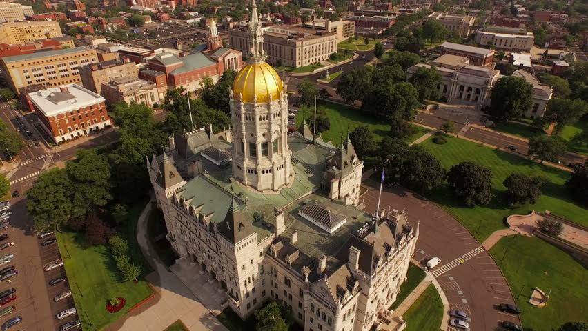 Hartford Aerial v11 Flying low backwards from State Capitol building.