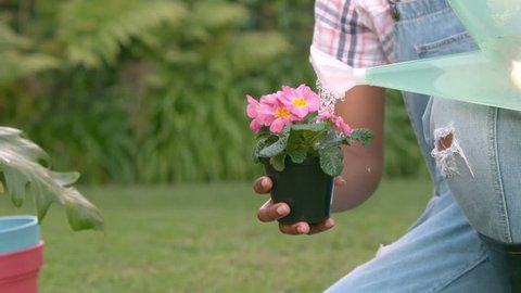 Smiling woman watering the plants in slow motion