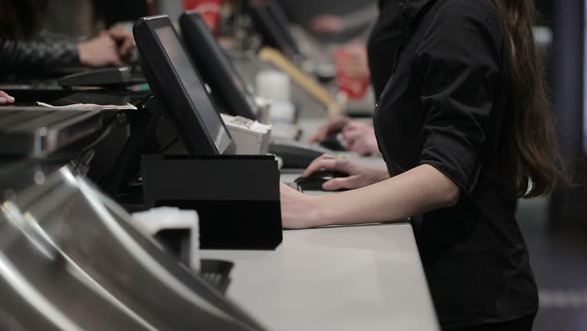 Cash register in the shop. Employees and buyers Royalty-Free Stock Footage #13263617
