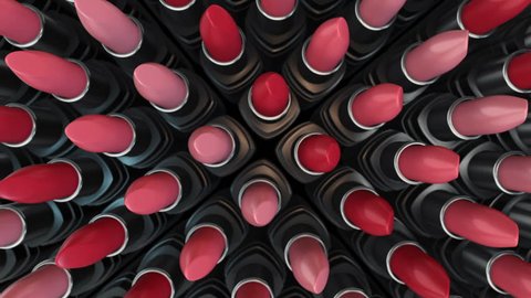 Background with animation moving of colorful lipsticks on dark background. Animation of seamless loop.