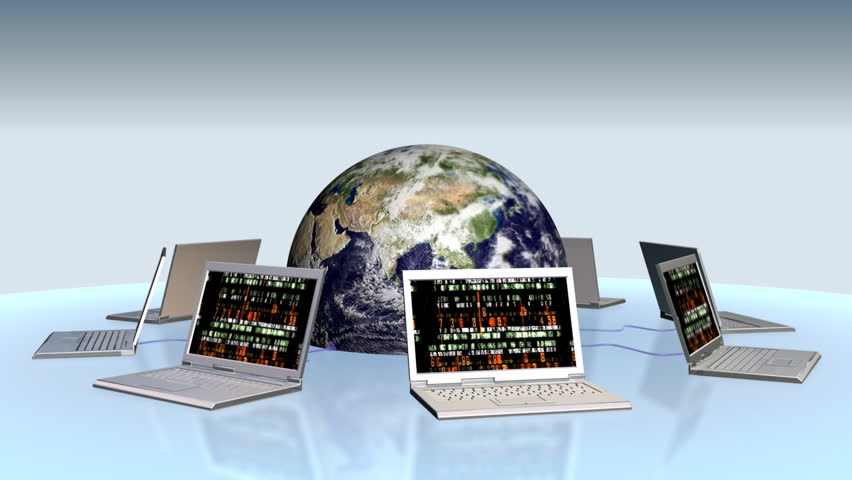 Earth and laptops with random numbers on screen,loop