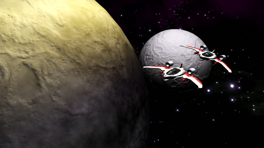 Futuristic spaceships flying above planet and moon