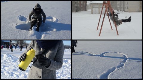 Woman make angel and heart shape on snow. Blizzard snow fall and girl on swing. Drink tea from thermos. In love with winter. Montage of video footage clips collage. Split screen. Black round frame.