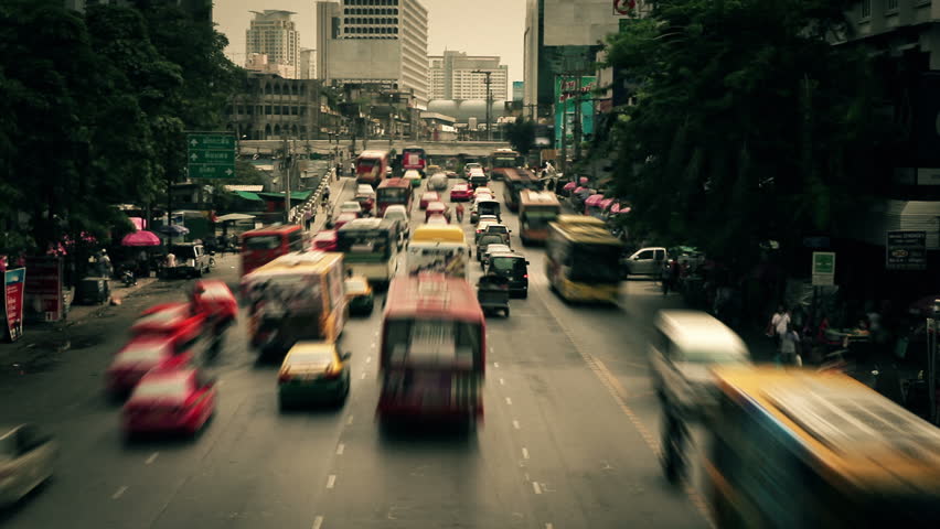 Bangkok city traffic in time lapse and washed out colors