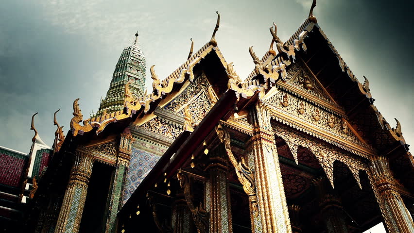 Richly decorated golden buildings of grand palace temple in Bangkok