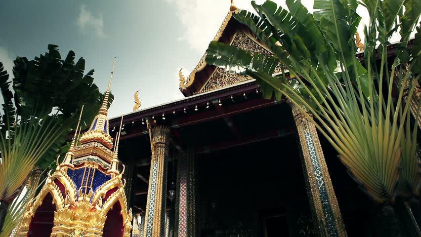 Richly decorated golden buildings of grand palace temple in Bangkok