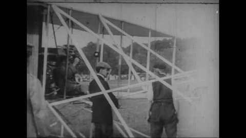 CIRCA 1900s - Orville Wright and Lt. Frank P. Lahm, the first Army passenger, test the "Wright Flyer" during trials at Fort Myer in 1909.