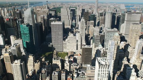 NEW YORK, NEW YORK, USA – SEPTEMBER 15, 2015: zoom out shot of the skyline of upper manhatten in new york