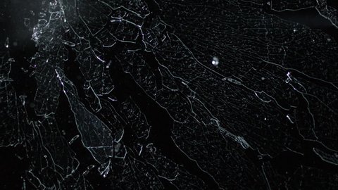 Tempered glass spiderwebbing and shattering isolated on black breaking in slow motion in 4k 