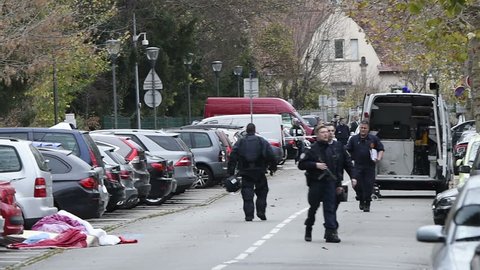 STRASBOURG, FRANCE - NOV 19, 2015: French police inspecting zone after a suspicious package allegedly containing a bomb near EU Parliament & CoE after attacks in Paris