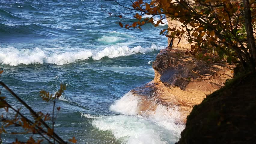 Crashing waves on Lake Superior - Waves crash along the base of Chapel Rock at Pictured Rocks National Lakeshore in the Upper Peninsula of Michigan