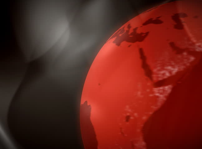 Red globe with white orbit trails. NTSC. Great background for news, travel,