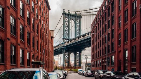 Motion time lapse hyperlapse of Manhattan bridge from Washington street, Brooklyn, New York, USA