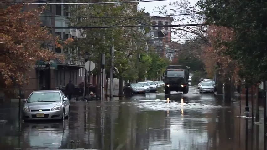 CIRCA 2010s - The city of Hoboken, New Jersey finds itself underwater during Hurricane Sandy.