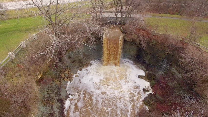 Wequiock Falls near Green Bay Wisconsin, Aerial View. Raging with muddy waters after record setting rains.