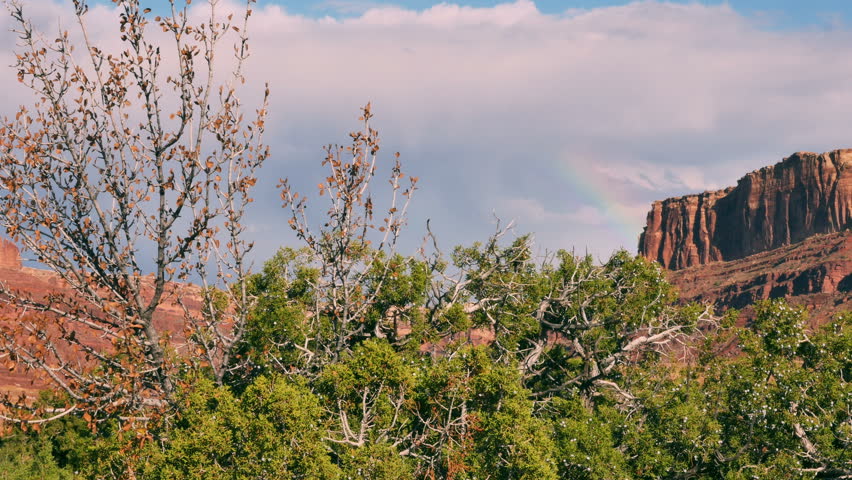 P1060248-Hint of rainbow behind red sandstone butte as wind ruffles Juniper bushes at sunset with color in the clouds.