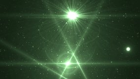 Abstract Green Background With Rays Sparkles. Animation background with lens flare rays in dark background sky and stars. Seamless loop.