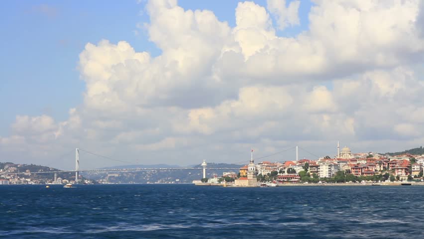 Istanbul from Bosporus. Bosporus sea with a towboat in Istanbul 