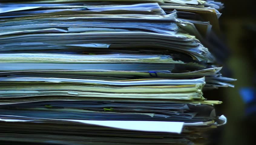 Stacks of old papers, old office documents, old paper work. Royalty-Free Stock Footage #13369079