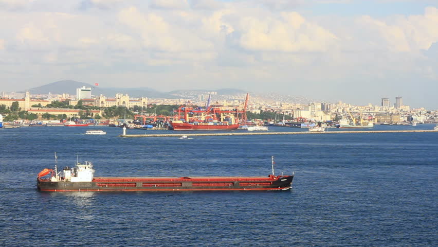 Large tanker ship in front of Istanbul container harbor 