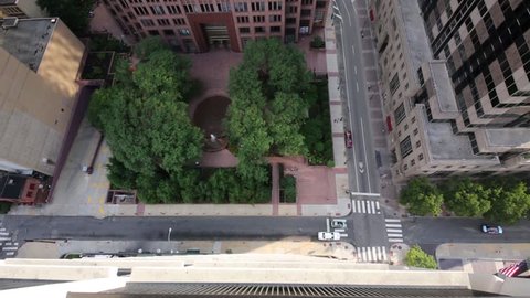 Square with trees and a fountain near high-rise building Bell Atlantic Tower in Philadelphia, Pennsylvania, USA, top view