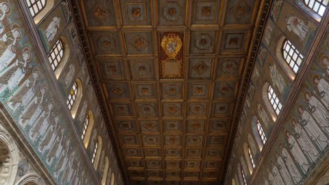 Ravenna,italy,15/09/2015:establishing shot of basilica cathedral saint apollinaris interior indoor at ravenna famous for its historic mosaics