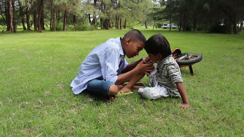 Two brothers playing bicycle in green grass at pine park.