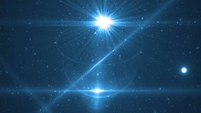 Abstract Blue Background With Rays Sparkles. Animation background with lens flare rays in dark background sky and stars. Seamless loop.