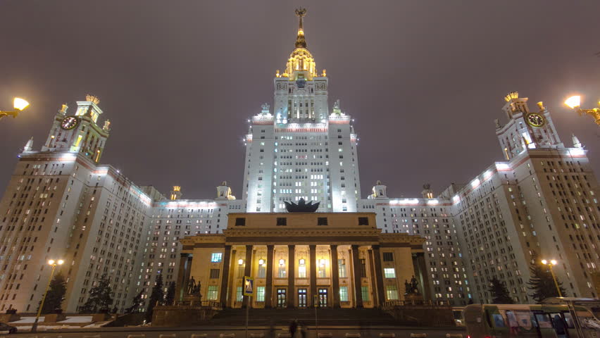 The Main Building Of Moscow State University On Sparrow Hills At Winter timelapse hyperlapse at Night, Russia 4K