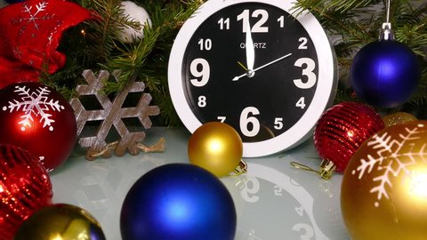 Clock and christmas balls and toys in a red bag, 4k