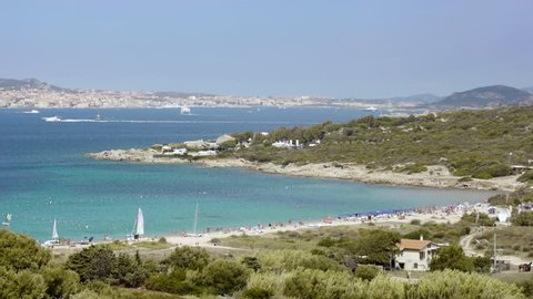 view of Maddalena island and beach of Sciumara in Palau, Sardinia, Italy