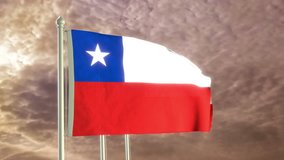 Three flags of Chile waving in the wind (4K high detailed 3D render) with a dramatic sky in the background