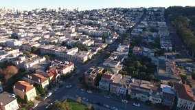 4K Aerial drone shot of San Francisco palace of fine art houses sunset
