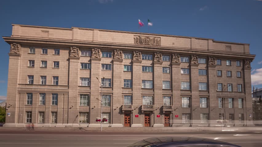 Government Building on a sunny day in Novosibirsk city, Russia, Time Lapse (Hyper Lapse)