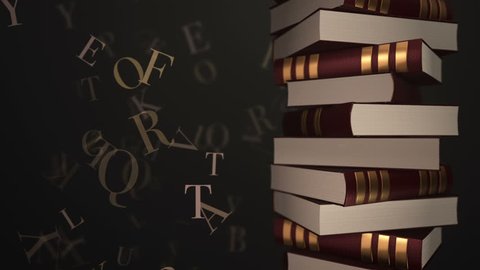 Animation rotation of stack of old books in library or home with flying letters. Books with leather covers and golden stripes. Animation of seamless loop.