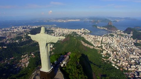 Aerial view of Christ the Redeemer statue and Sugarloaf Mountain in Rio de Janeiro, Brazil. 