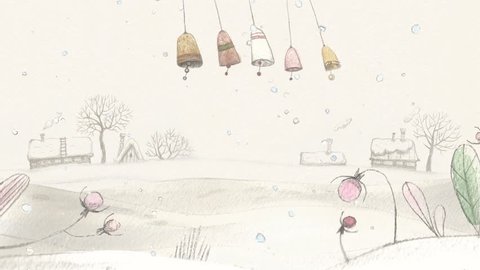Hand drawn watercolor animation backgrownd with bells falling snow and alpha mask