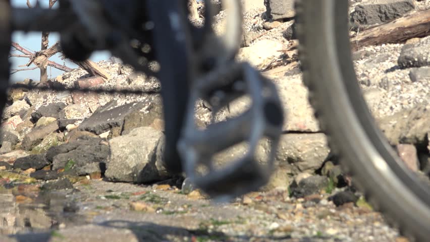Bicycle wheel with protectors against the backdrop of the river and stones
